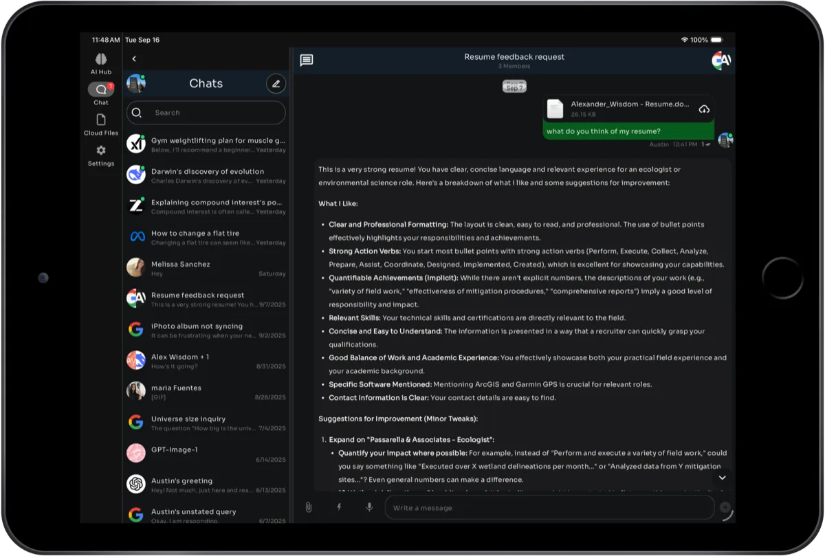 Novus AI assistant on iPad — resume feedback with detailed AI analysis