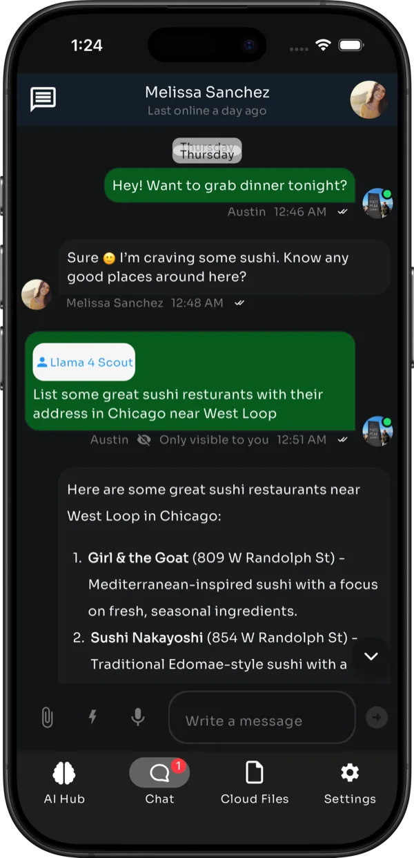 Novus AI messenger on iPhone — AI-assisted chat with restaurant recommendations