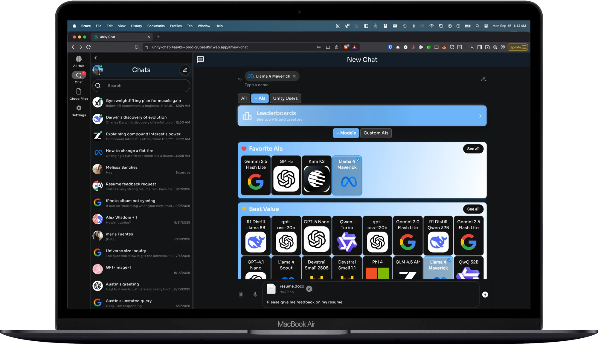 Novus new chat screen on MacBook Air — choose from hundreds of AI models